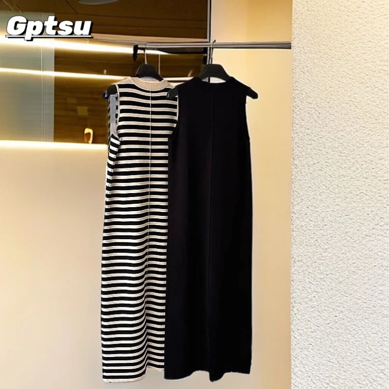 GPTSu女夏宽松显瘦高腰冰丝直筒裙复古薄条纹针织无袖背心连衣裙