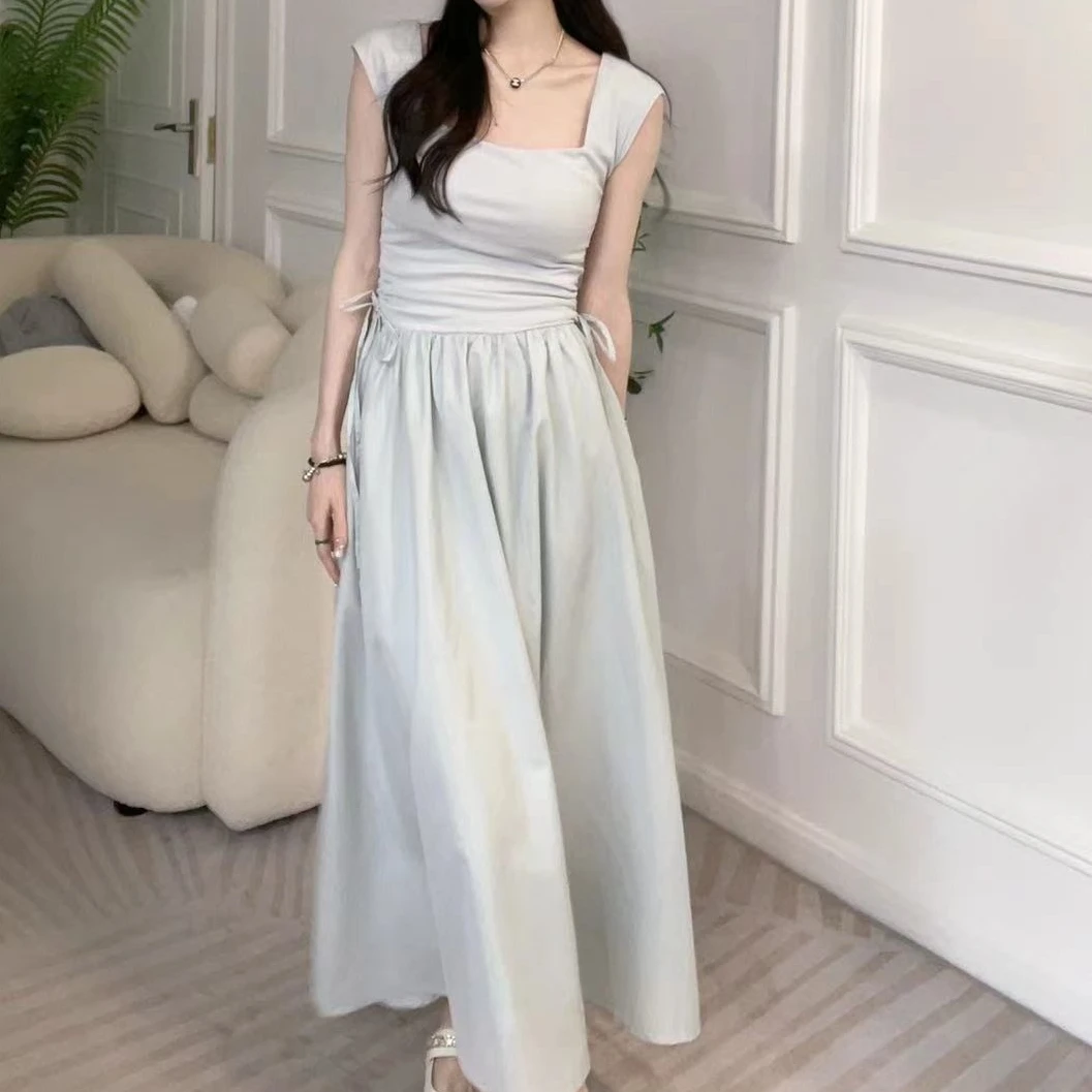 高腰显瘦方领拼接简约风显瘦气质时尚连衣裙