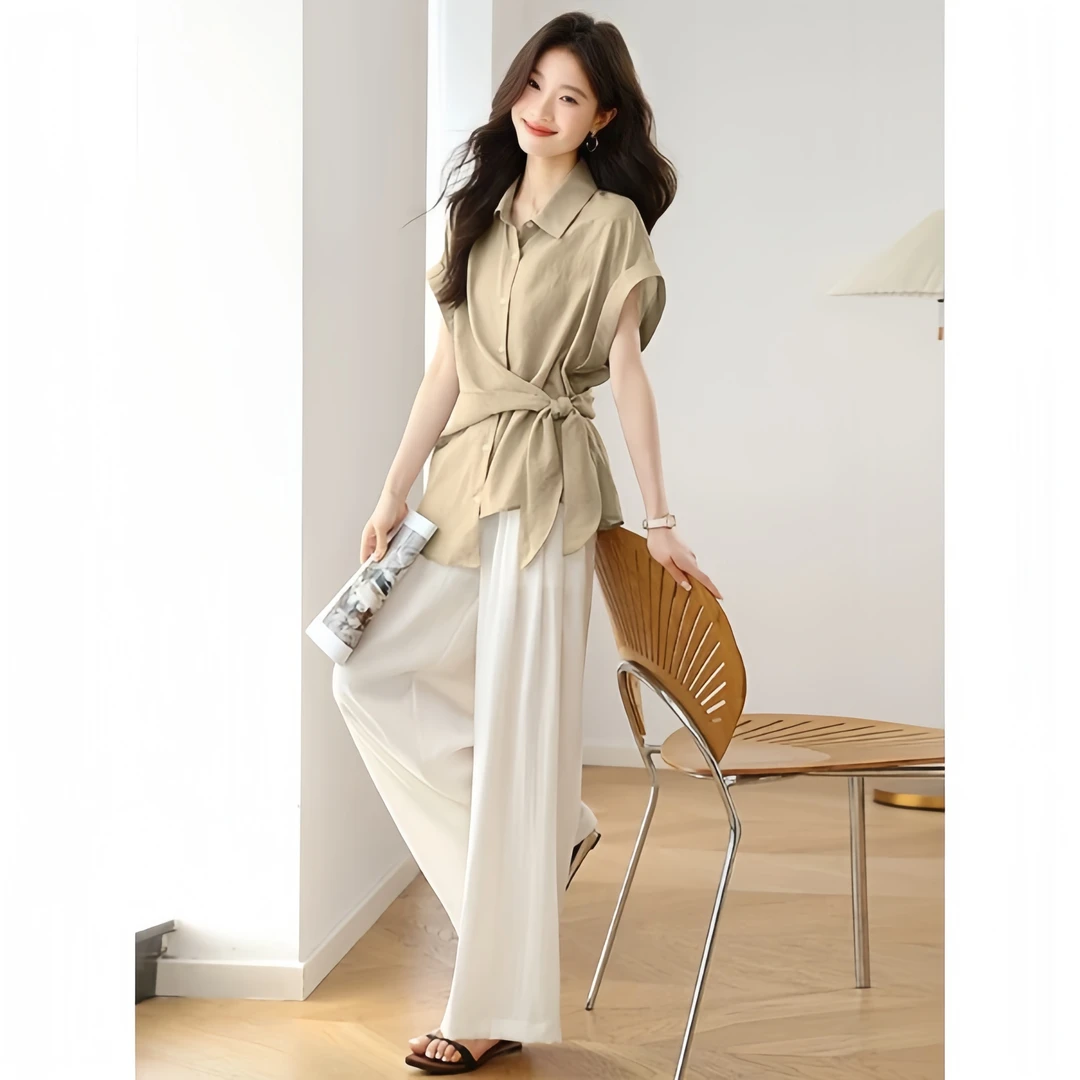 亚麻套装女夏季2025设计感洋气休闲短袖衬衫阔腿裤两件套