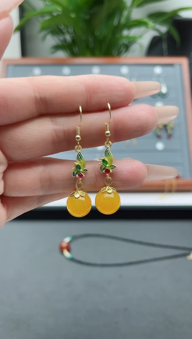 【闪购商品】玛瑙/玉髓耳饰银S925镀金镶嵌9