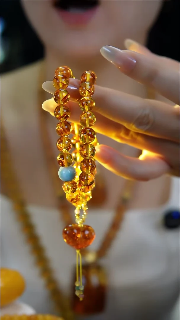 手链琥珀未镶嵌俄罗斯天然琥珀9+花珀双圈设计款手串