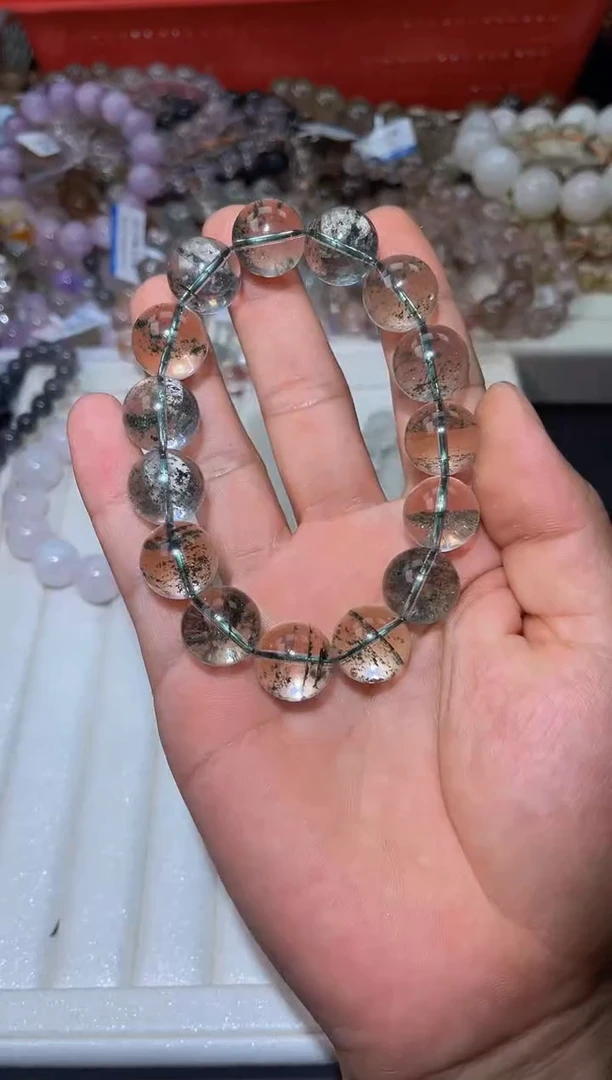 水晶手串未镶嵌L26-15mm满天星绿幽灵单圈-多样性发其一