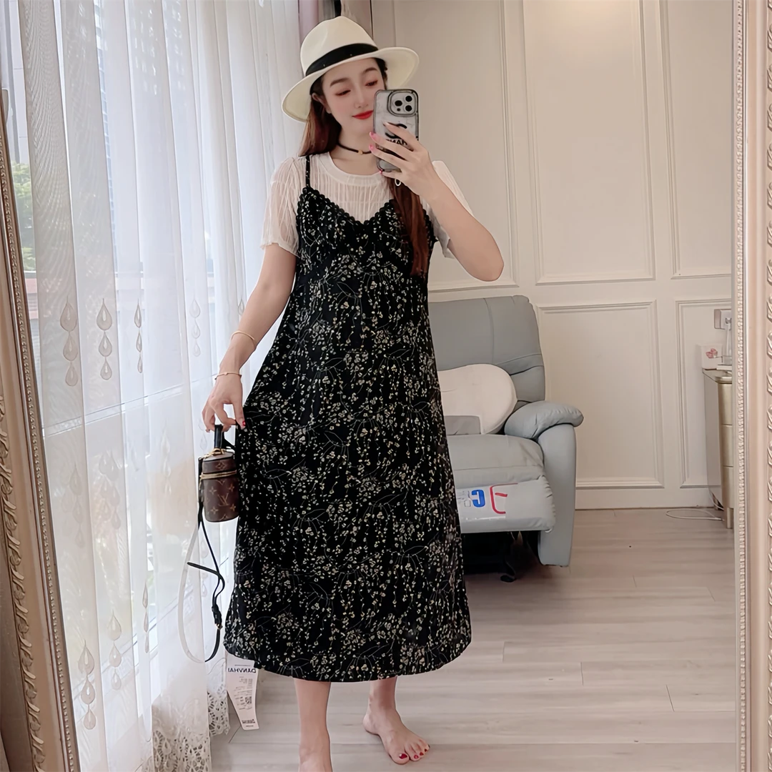 5125夏季新款连衣裙时尚气质短袖假两件显瘦拼接碎花宽松裙子