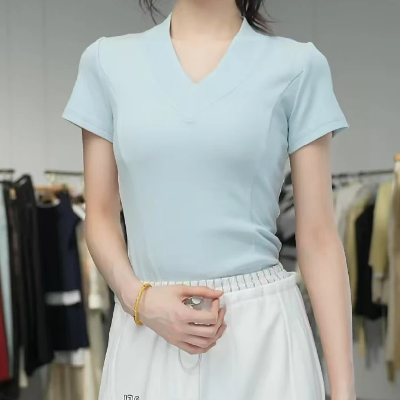 设计感百搭时尚V领T恤短袖6165