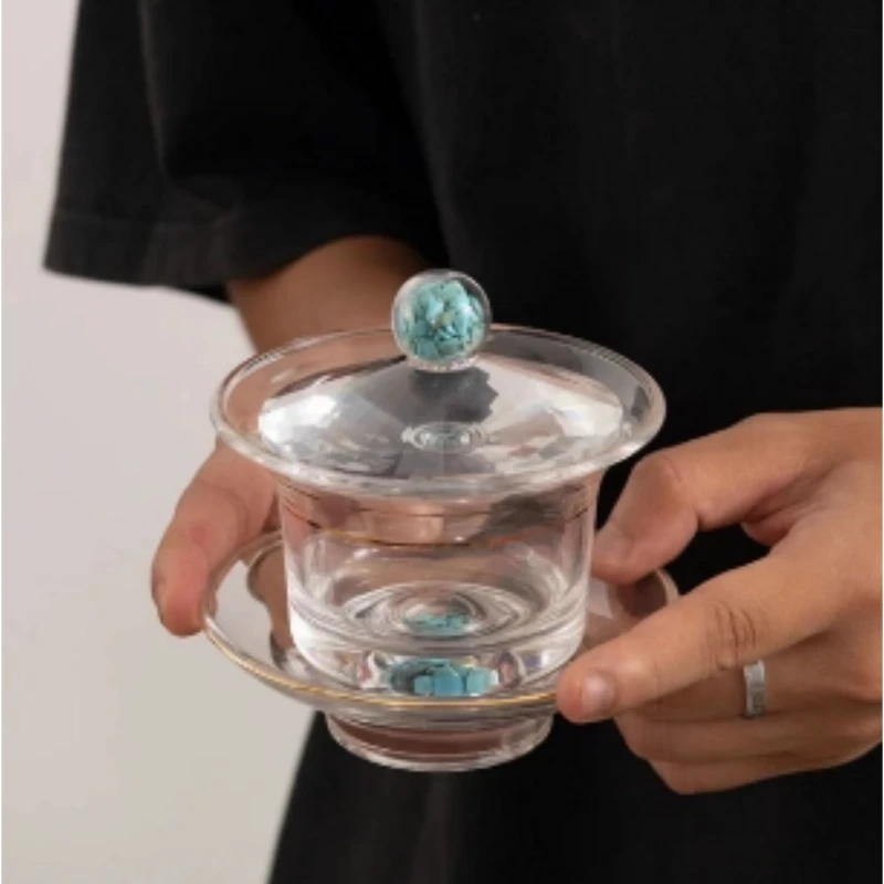 绿松石玻璃三才盖碗+两杯+盖置+茶盘ZH1918