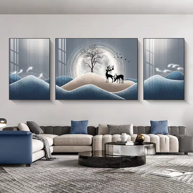 客厅装饰画沙发背景墙抽象挂画现代简约大气鹿壁画轻奢镶钻晶瓷画