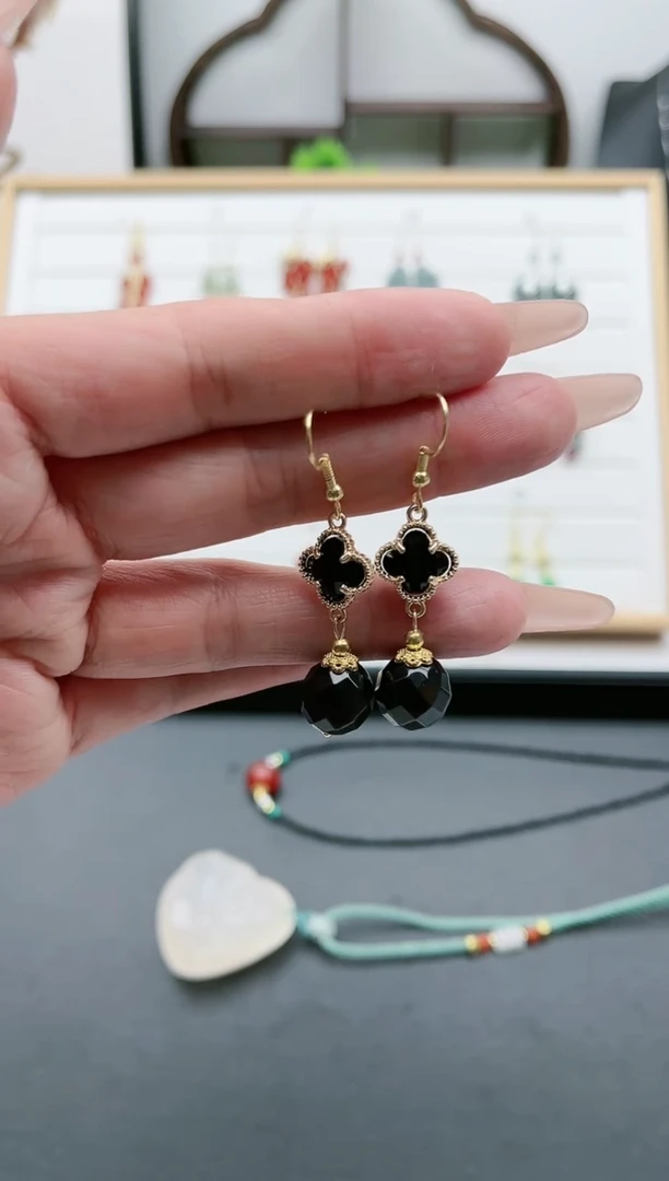 【闪购商品】黑曜岩耳饰银S925镀金镶嵌052黑曜石