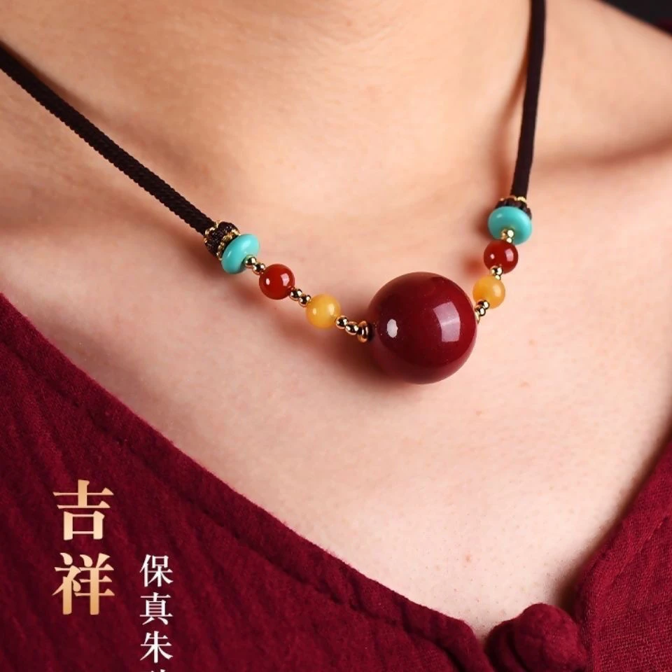 含辰砂工艺品【绛辰坊】朱砂转运珠吊坠锁骨链相思红豆项链女款