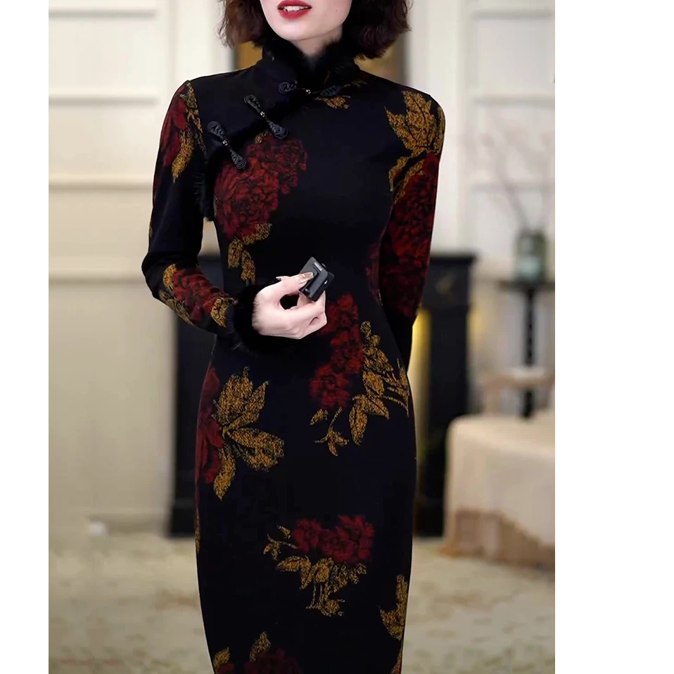新中式复古改良旗袍连衣裙2025春秋新款优雅洋气修身显瘦高贵长裙