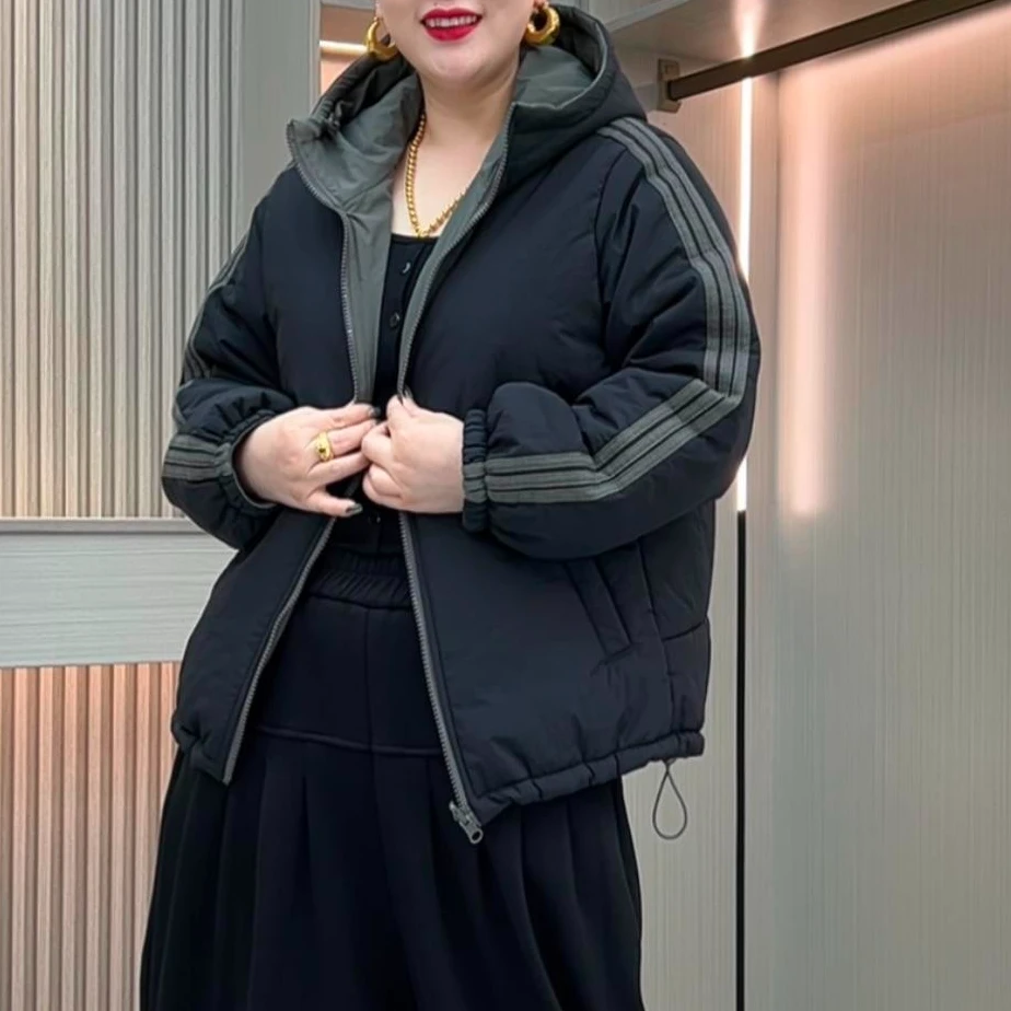 2025新款秋冬加厚连帽双面双穿宽松显瘦拼接休闲上衣棉服外套