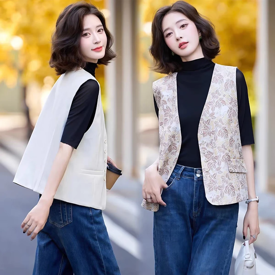 薄款马甲背心春秋百搭休闲无袖西装马夹气质提花上衣外穿女两面穿