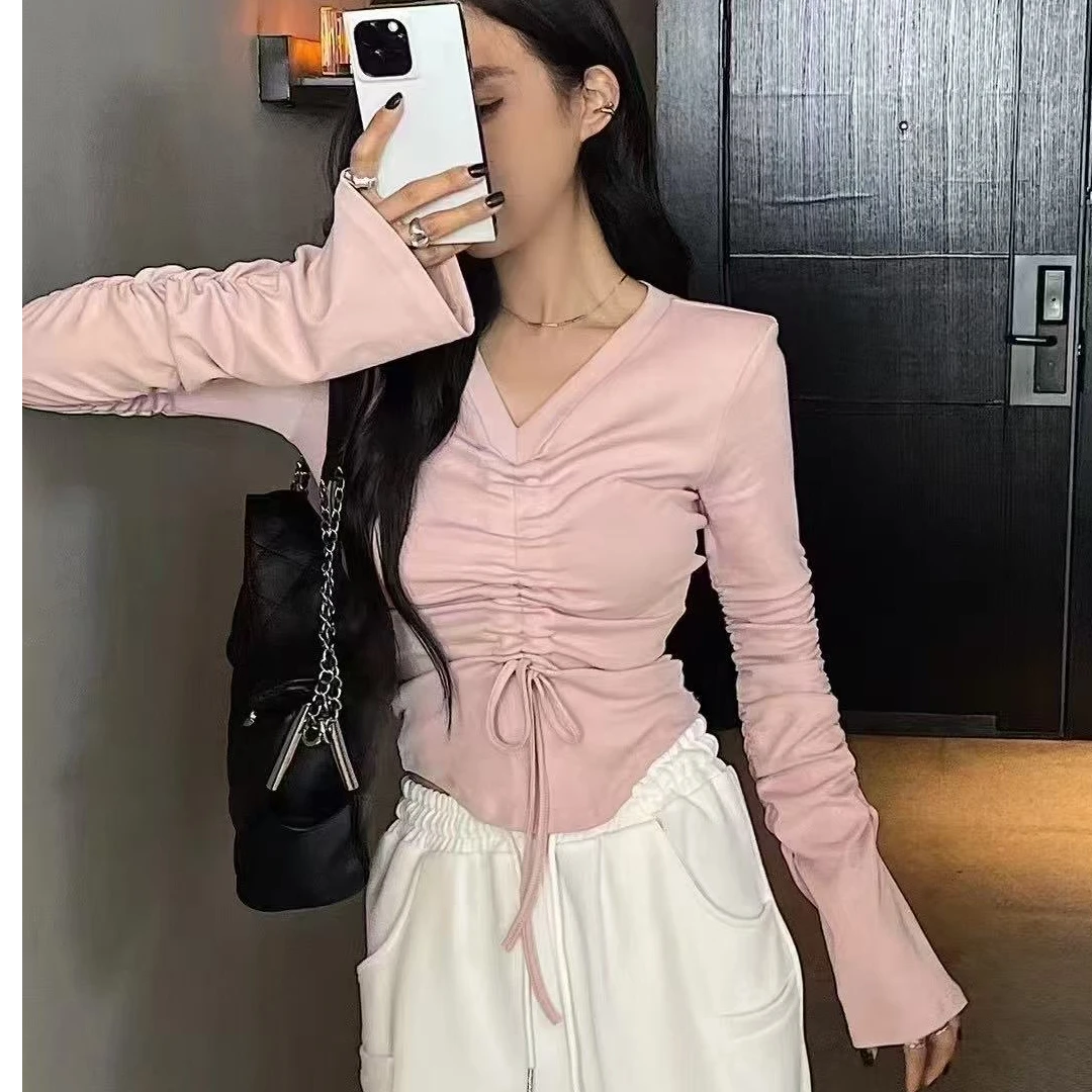 809-春款纯欲V领抽绳长袖上衣