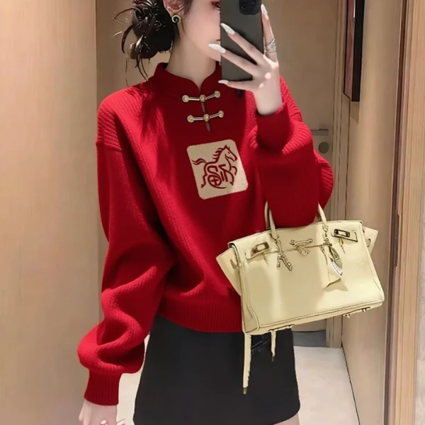 女毛针织衫新中式百搭秋冬打底宽松女士本命年马年红色圣诞红毛衣