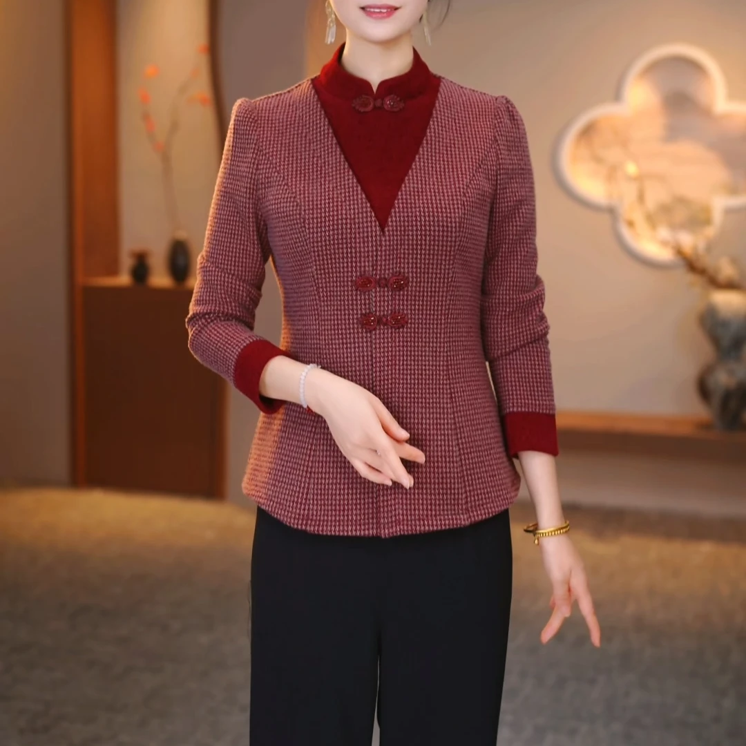 中年妈妈加厚打底衫两件套2025秋冬新款改良上衣+裤子XKL-25604