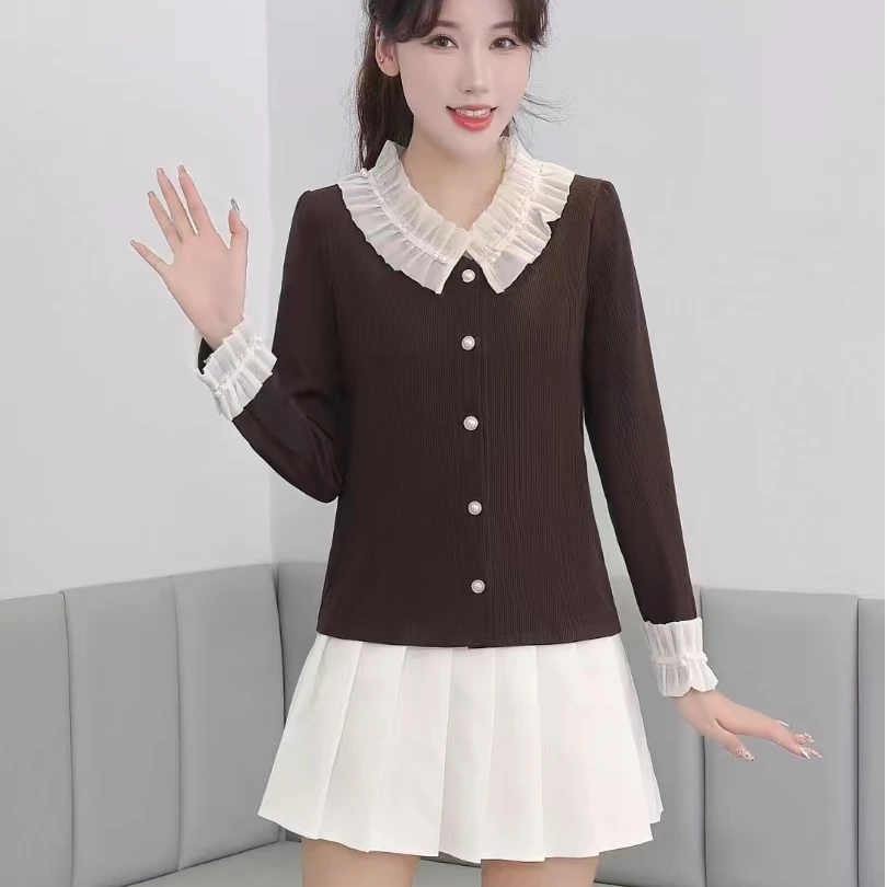 A707#设计感小众V领拼接木耳边排扣时尚气质显瘦女士长袖开扣衫