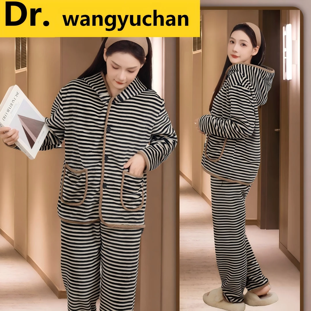 连帽家居服套装秋冬保暖时尚睡衣冬季套装条纹休闲舒适百搭睡衣1