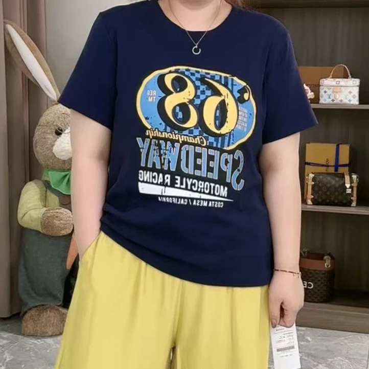 68127做旧数字撞色正肩短袖