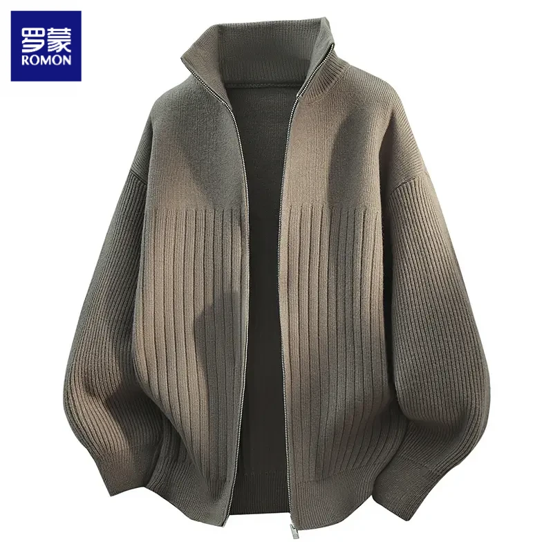 罗蒙秋冬季慵懒风针织开衫潮流休闲立领宽松拉链毛衣男士外套2025