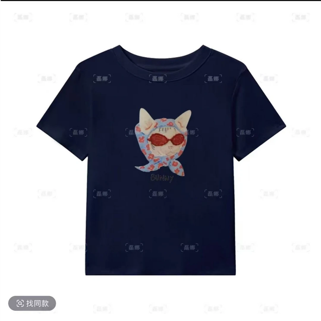 （眼镜猫咪）韩版2025夏季新款显瘦丝巾钉珠圆领印花重工短袖T恤女