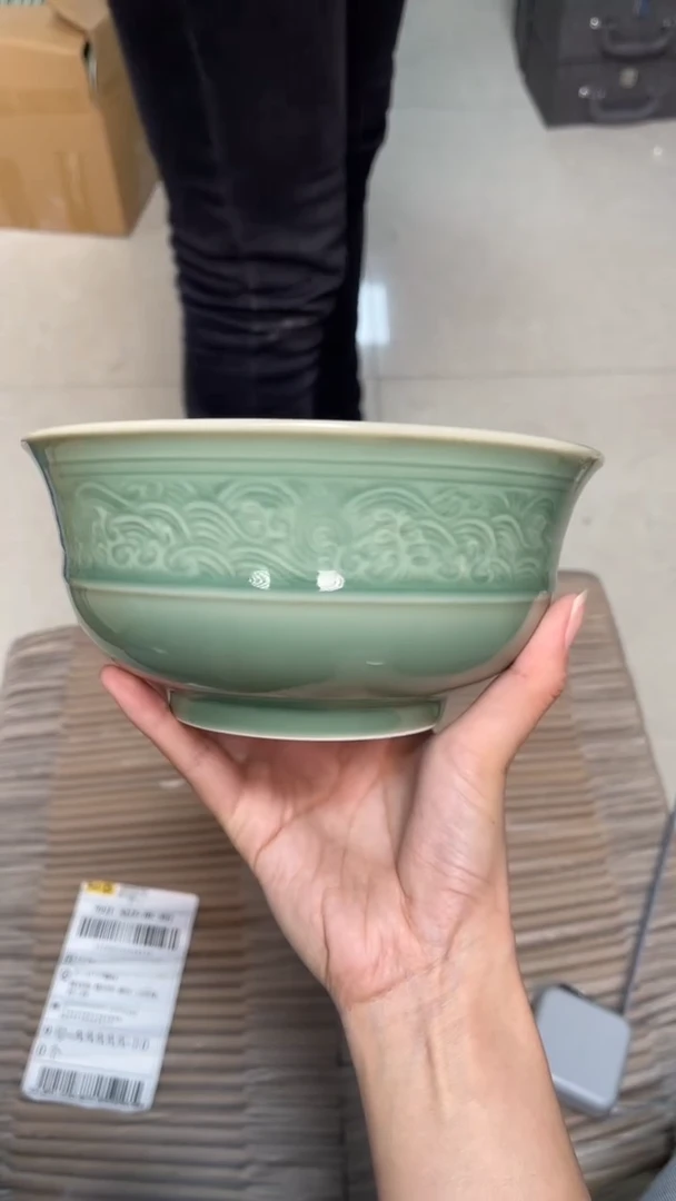 陶瓷青瓷7英寸海浪纹大碗 全品 单只