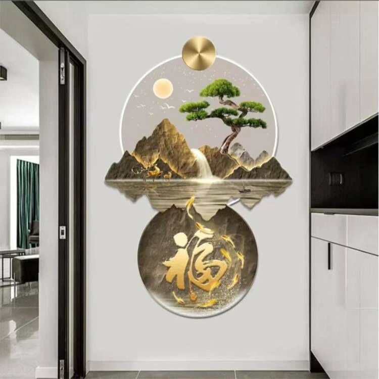 DK003新中式书房异形装饰画流水生财大气装饰画办公室背景画