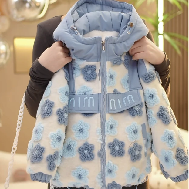 【现货在仓】25冬季新款儿童棉服花朵连帽加厚韩版百搭时髦外套