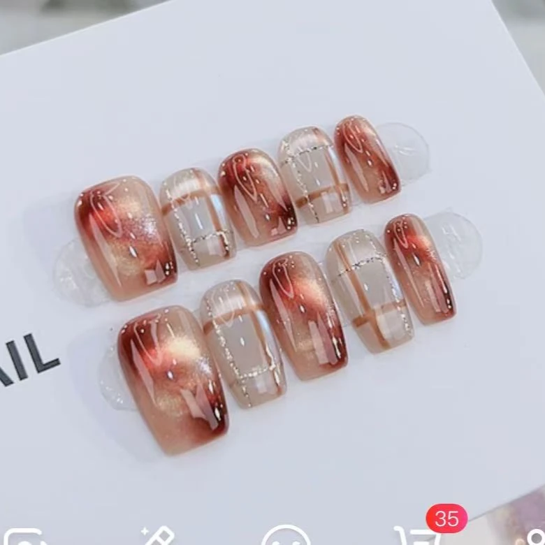 TugeNail “冰美式” 金线格纹玉石冰猫眼美甲复古穿戴甲芬达专属