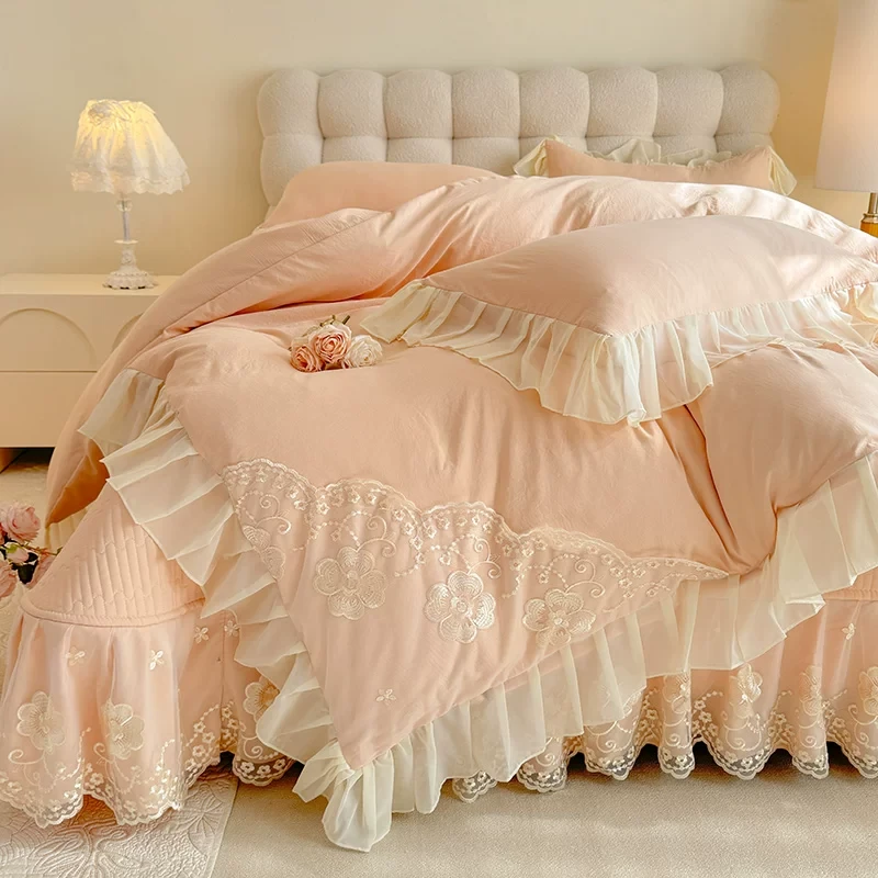 韩式公主风牛奶绒加厚夹棉床盖款四件套保暖花边套件