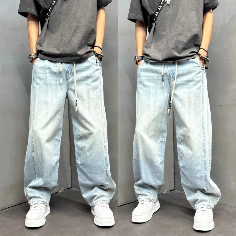 2025新款潮流阔腿裤浅蓝色百搭直筒裤男士宽松水洗牛仔裤休闲长裤