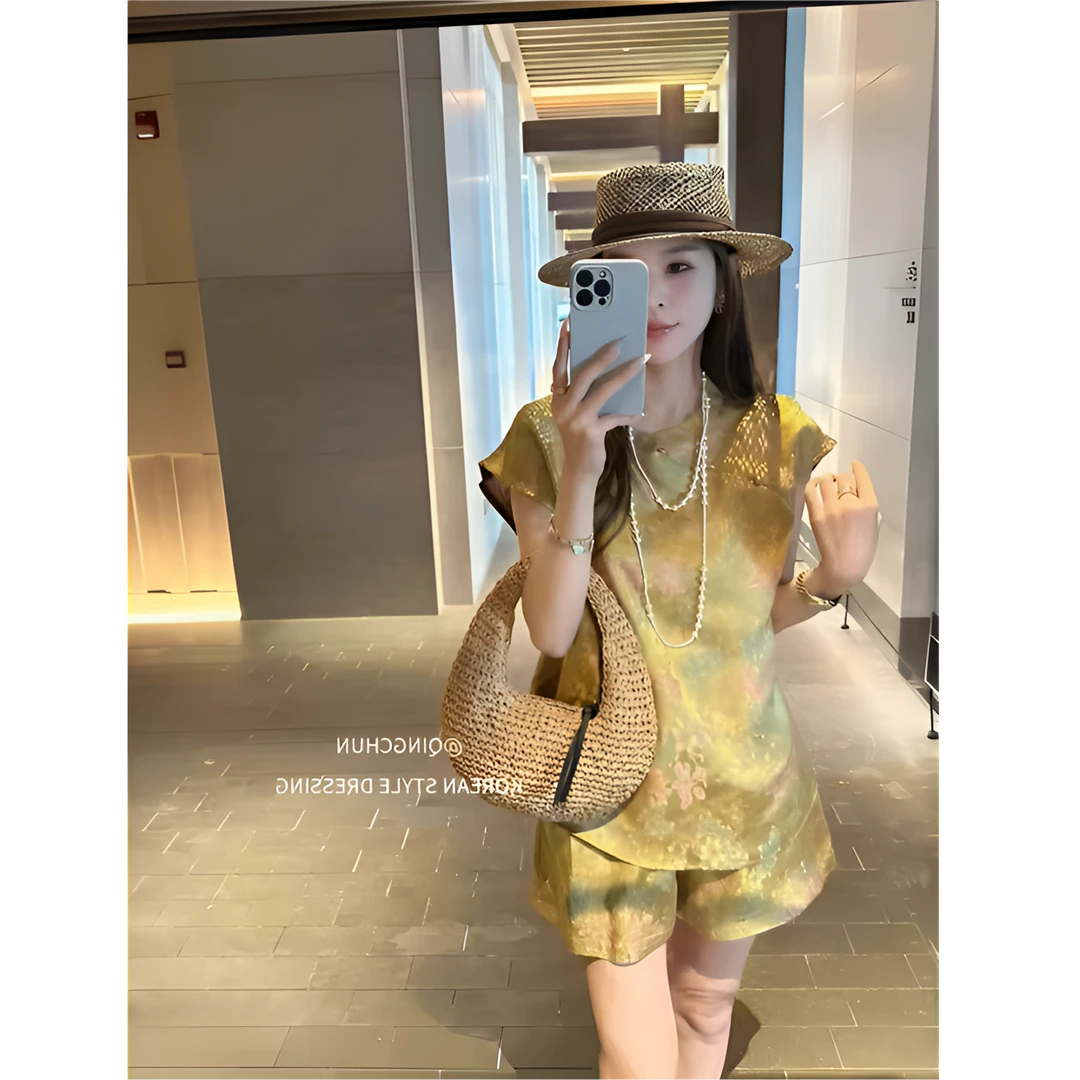 夏季冰丝薄款绿色新中式国风时尚爆款背心短裤套装复古休闲家居服