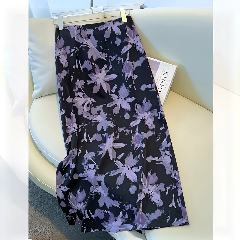 拉夏贝尔醋酸缎面印花直筒裙半身裙女夏季薄款高腰a字包臀裙时尚