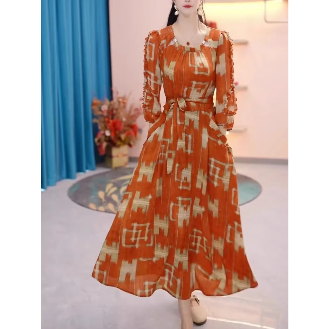 高端七分袖连衣裙女2025春夏新款优雅减中长裙D3183