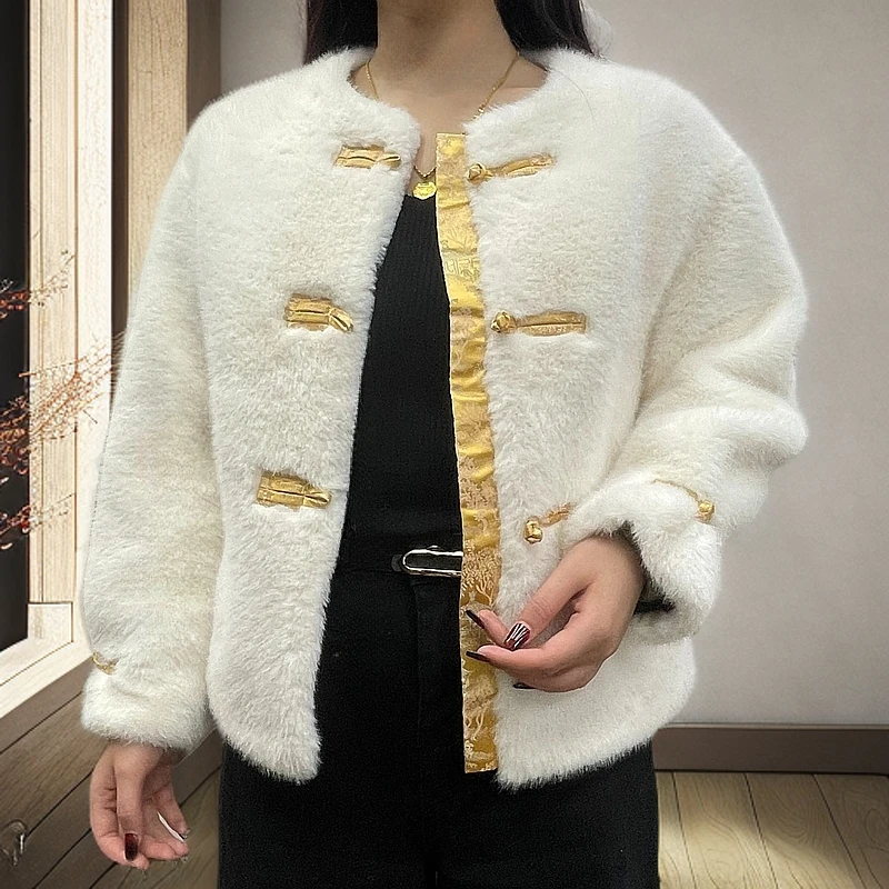 【66】中国风圆领盘扣拼接韩版外套毛毛衣