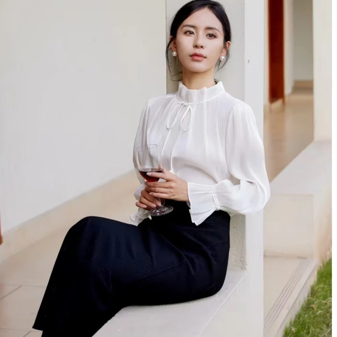 千丝依品 系带立领木耳边春季衬衫2025年新款设计感衬衣