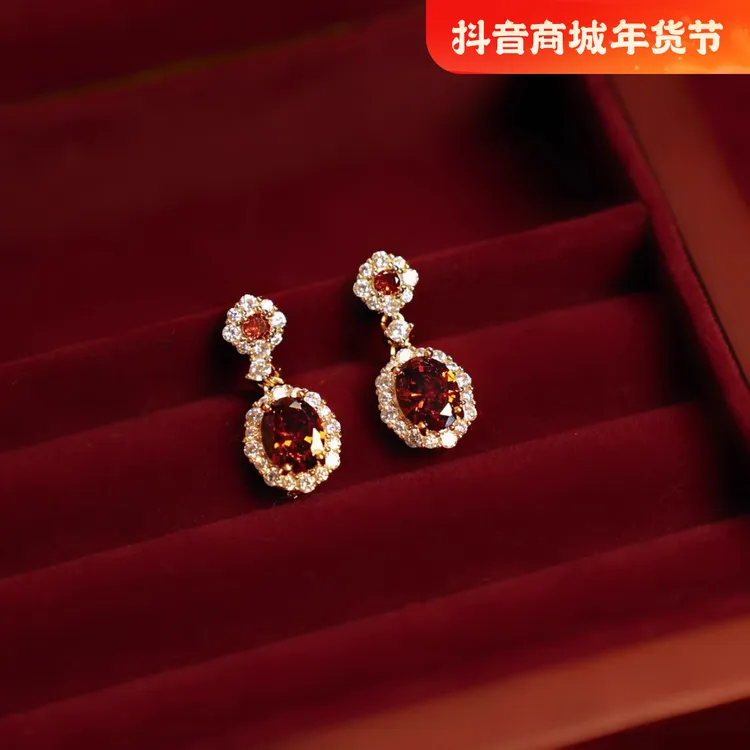 铜合金耳饰 法式复古宫廷风红色耳饰2025新年本命年耳环秋冬耳钉