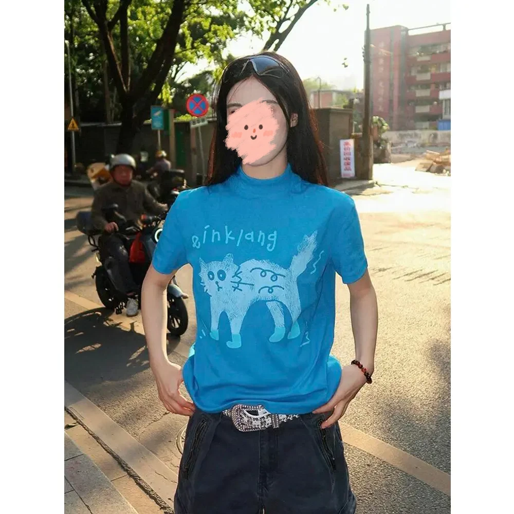 美式蓝色正肩短袖t恤女夏季炸毛猫咪印花修身显瘦欧若风穿搭上衣
