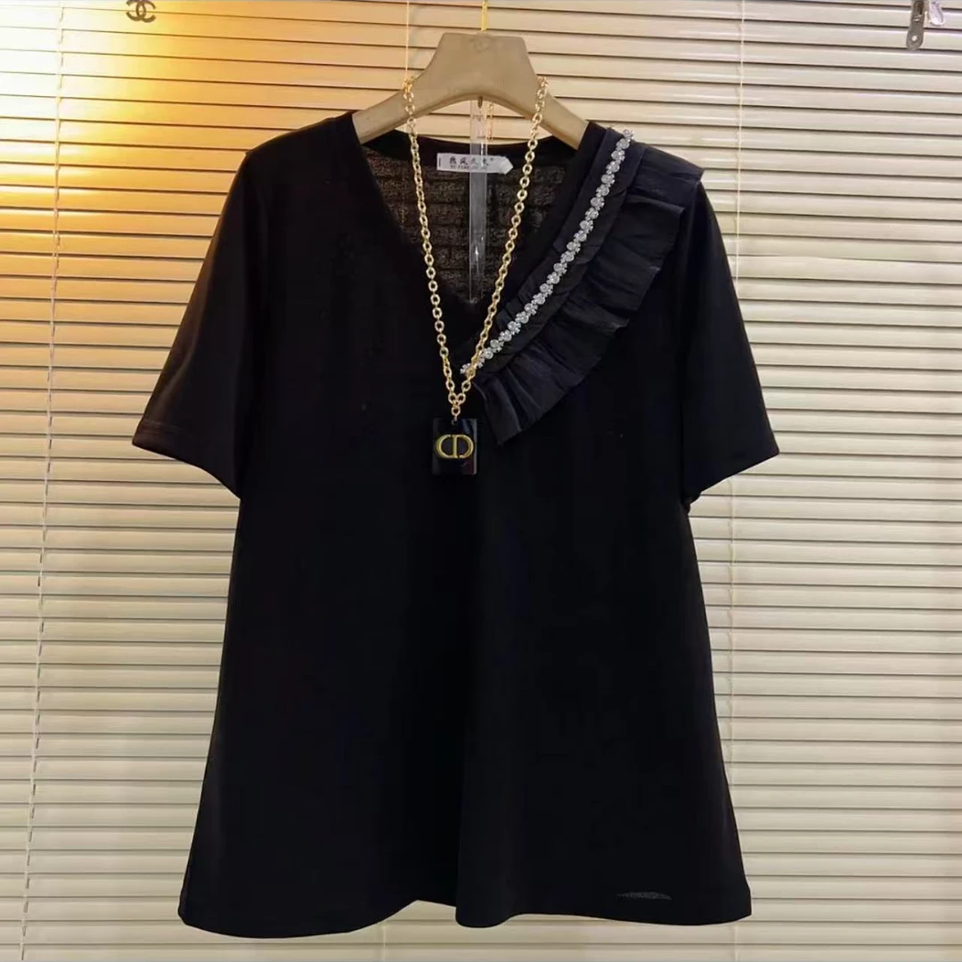 欧货时尚洋气减龄重工钻V领半袖打底衫905