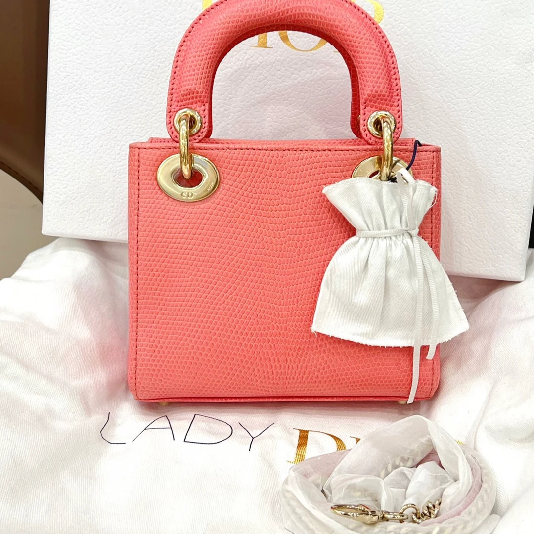 99新 DIOR/迪奥 少女粉蜥蜴皮金扣手提3格戴妃包20/7JJ37625