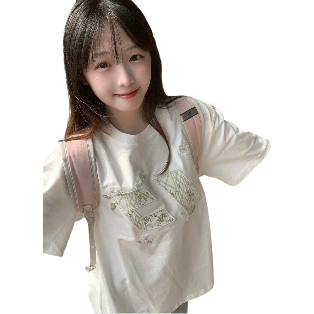 刺绣纯棉拉包肩美式高街复古刺绣字母短袖T恤女夏季上衣夏季百搭