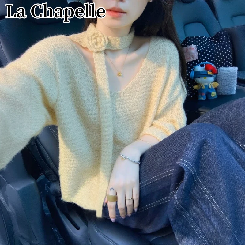 拉夏贝尔氛围感穿搭宽松套头针织衫慵懒高级感立体花朵飘带毛衣女