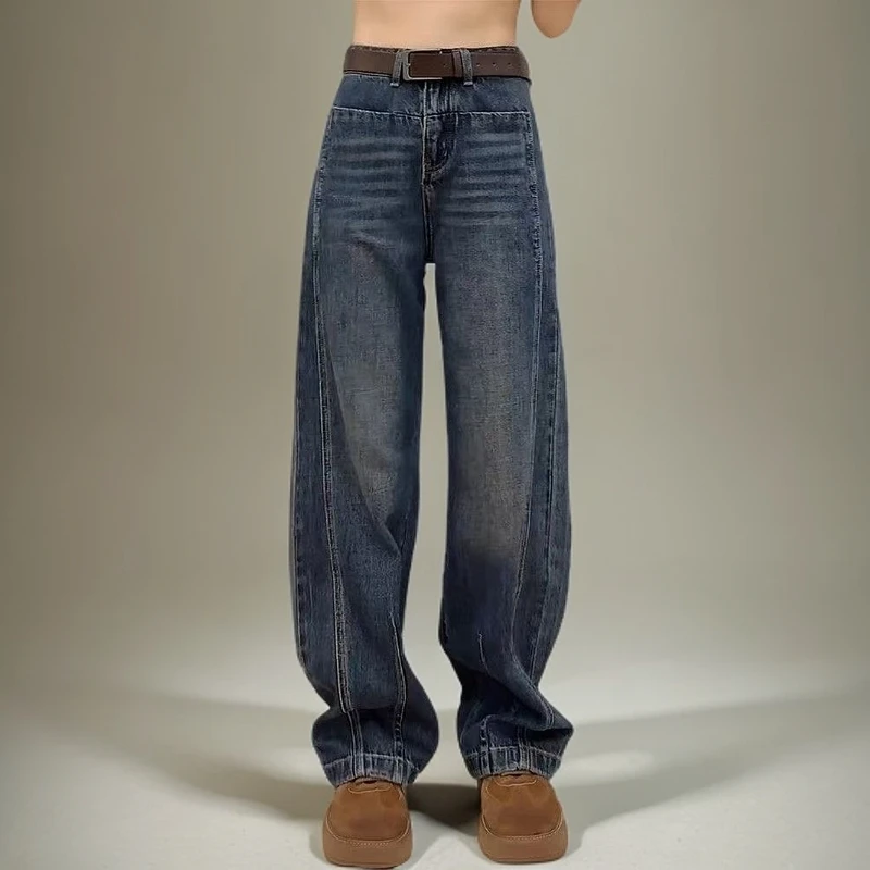 高腰阔腿牛仔裤女秋大码胖m宽松显瘦设计感弯刀直筒香蕉裤冬
