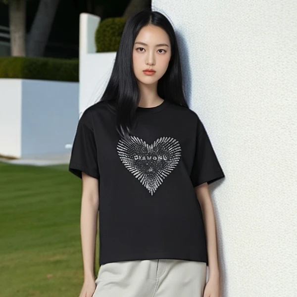 爱心烫钻 2025夏季印花短款显瘦百搭设计感小众设计师休闲半袖潮