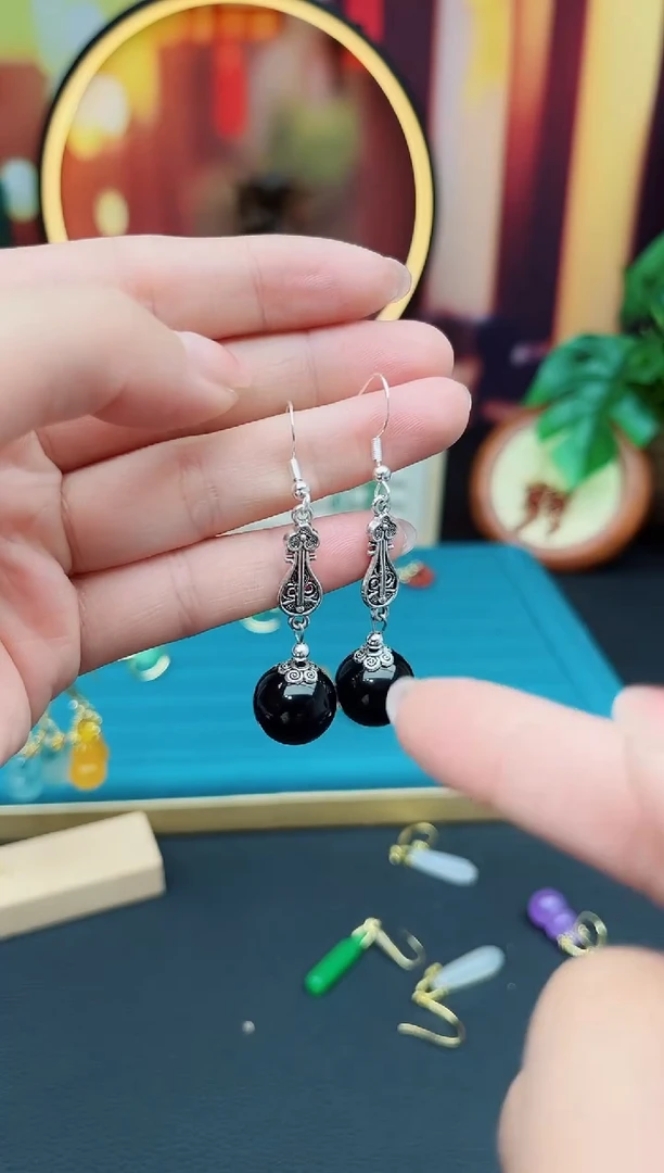 黑曜岩银S925镶嵌耳饰314