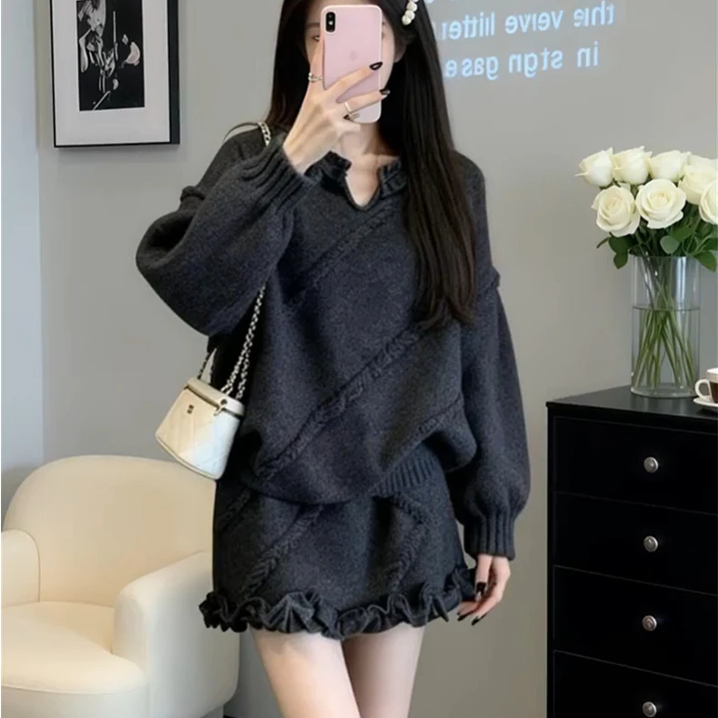 绝美独特漂亮深冬穿搭一整套气质小香风千金圣诞针织连衣裙子套装