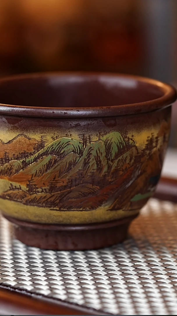 茶杯紫砂宜兴紫砂杯  彩色山水刻绘