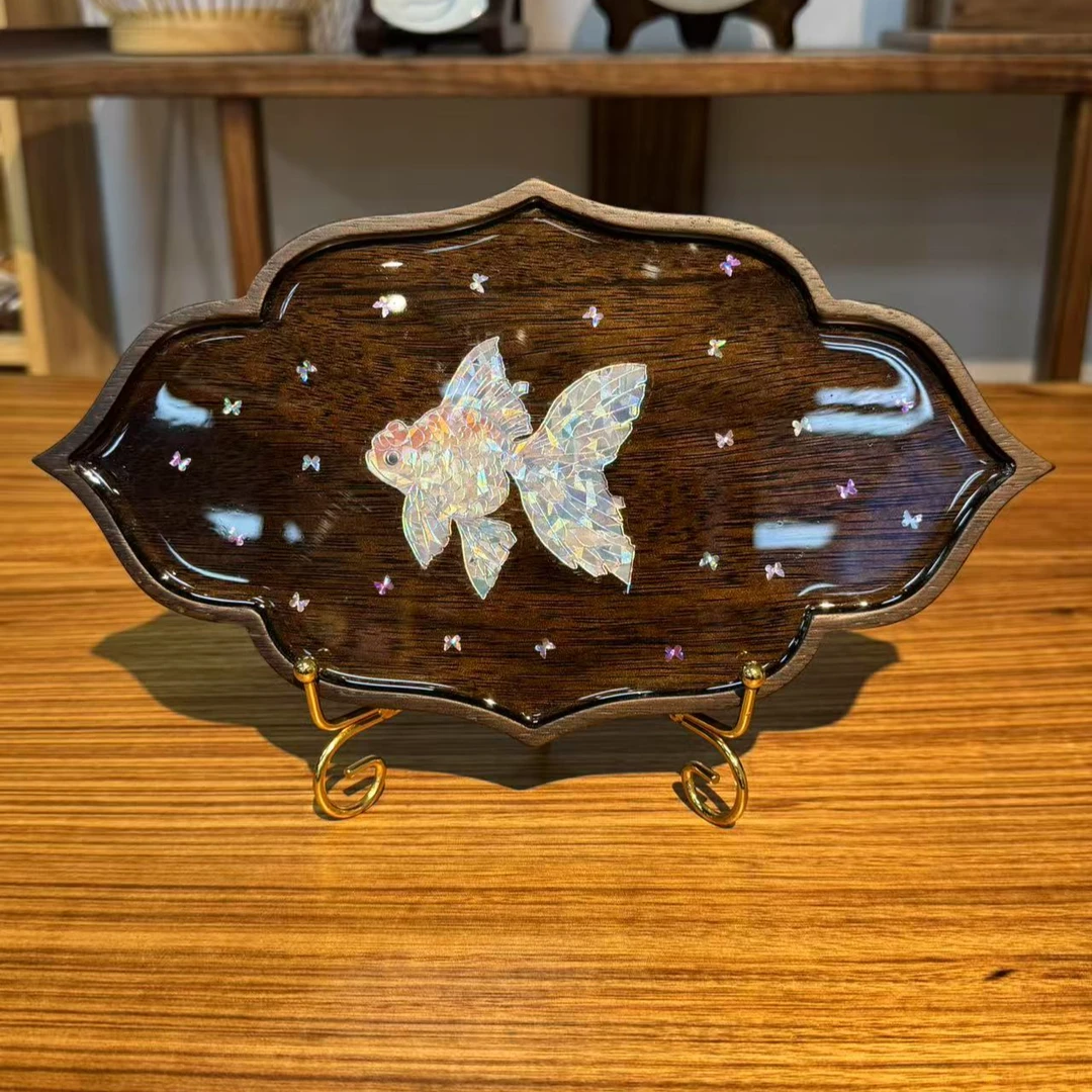 龙福木艺 金丝柚木 长葵花 螺钿壶承 28.15.2cm 185