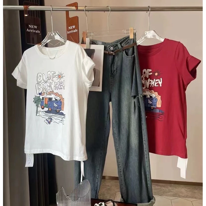 WF09# 宽松休闲百搭涂鸦字母印花透气圆领短袖T恤