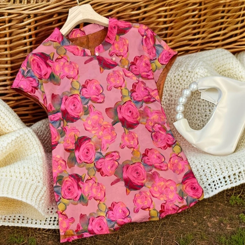 新中式斜襟盘扣上衣女装夏季新款国风印花衬衫短袖衬衣