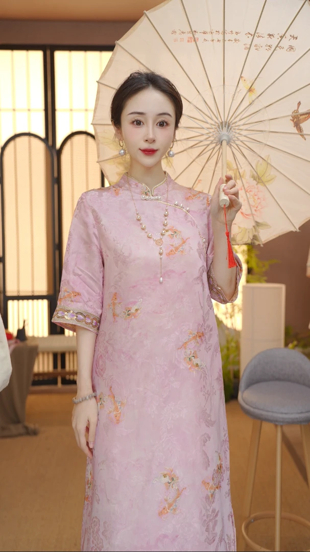 2025新中式改良斜襟夏季女装宽松连衣裙FB2507053