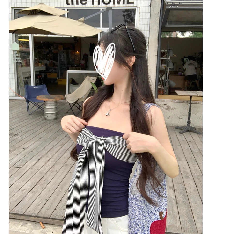 夏季高级设计感条纹系带抹胸背心性感辣妹裹胸内搭短款纯欲女上衣
